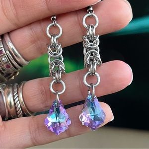 Handmade maille dangly stainless steel earrings purple rainbow austrian crystals